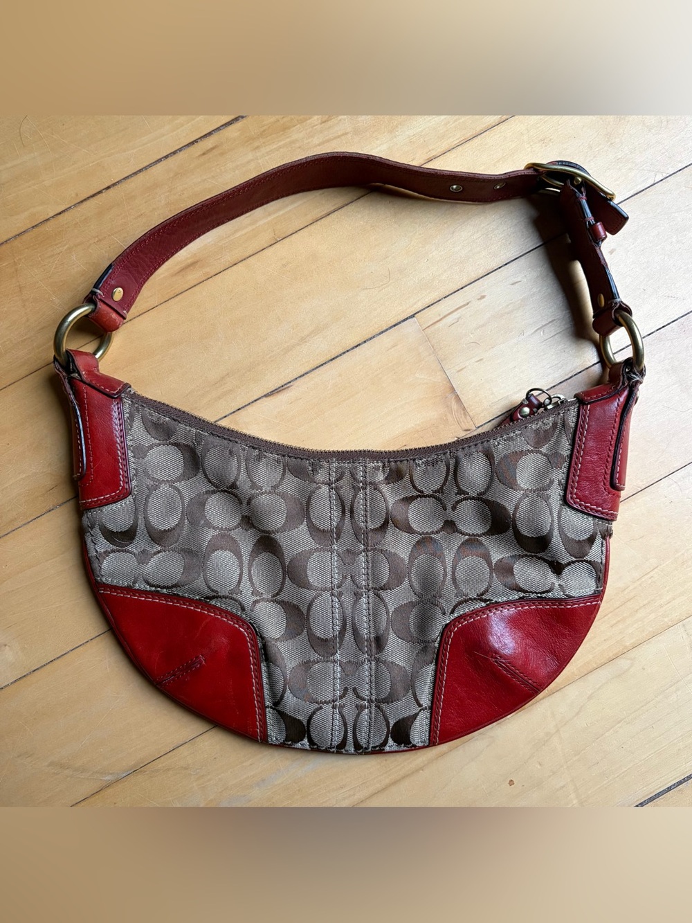 COACH Soho Hobo #11371 Signature C Khaki Canvas Red Leather Y2K Shoulder Bag